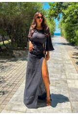 Long high slit satin black dress