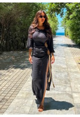 Long high slit satin black dress